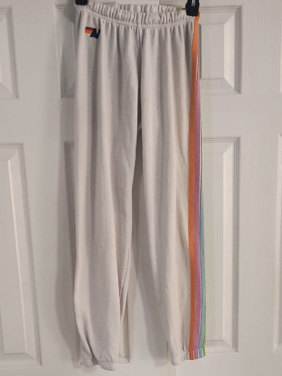 Aviator Nation Pants - Aviator Nation 5 Stripe Sweatpants in White Pastel Rainbow Stripes Size XS